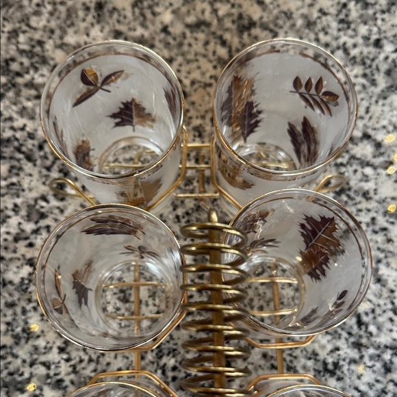 Libbey Gold Leaf 8 Glass Set with Holder Vintage - Picture 4 of 13